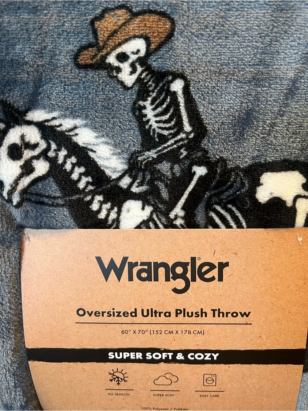 Wrangler Halloween Grey Plush Throw Blanket - Skeleton Horse Print Pumpkin
